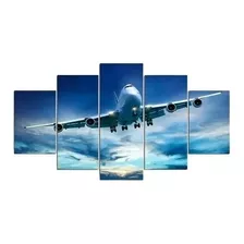 Painel Quadro 5 Partes Boing Airbus Aviação Salas 110x55 Cm