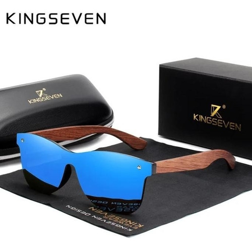 Óculos De Sol Azul King Seven Polarizado Haste Em Madeira 