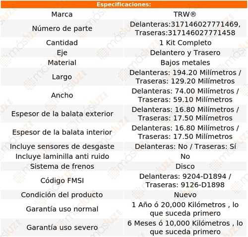 Set Balatas Bajos Metales Del + Tras Audi S5 2019 Trw Foto 2