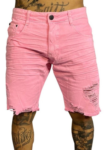 Bermuda Jeans Rosa Destroyed Super Skinny Rasgada Masculina