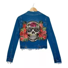 Campera Azul Mujer Calavera Mexicana Flores Dama Pintada