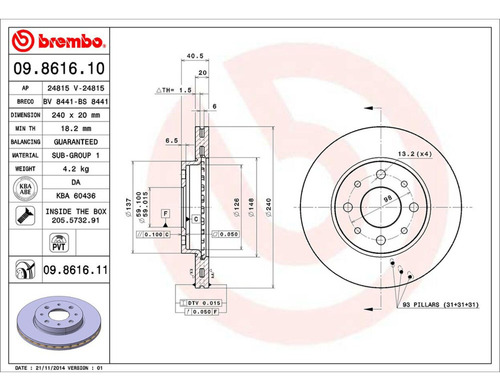 Rotor Freno Izquierdo O Derecho Delantero Panda 11/12 Brembo Foto 2