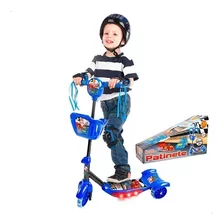 Patinete Infantil 3 Rodas Som Musical Com Luzes E Cesta Azul