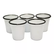 Caja De 6 Vasos Enlozados Blancos Borde Negro.