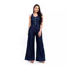 Macacão Jeans Wide Leg Patalona Com Tecido Premium 3868