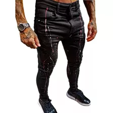 Calça Jeans Preta Masculina Super Skinny Destroyed Splash