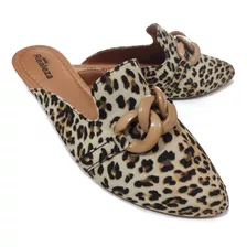 Mule Feminino Calçados Bico Fino Onça Caramelo Animal Print