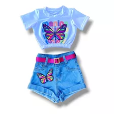 Conjunto Menina Croped Broboleta Shorts Jeans E Cinto Full