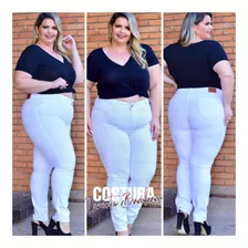 Calça Jeans Branca Modeladora Plus Size Cintura Alta Lycra 