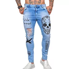 Calça Jeans Destroyed Estampa Caveira Super Skinny