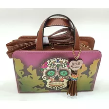 Bonita Bolsa De Piel Natural Artesanal Con Troquel Calavera