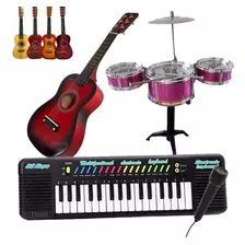 Kit Viola Madeira Teclado Bateria Infantil Violão Microfone