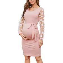 Vestido Midi De Maternidad De Manga Larga Con Malla Flor [u]