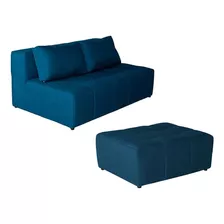 Sofá Modular 2 Lugares Com Puff Soho Linho Azul Marinho