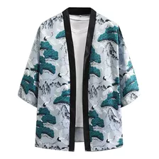 Q Summer Impresso Kimono Masculino Cardigan Camisa Japonesa