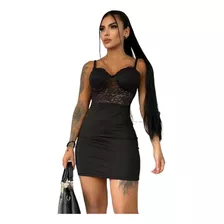 Vestido Negro Licrado Con Encaje Para Dama Talla Única 