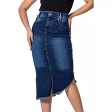 Saia Jeans Moda Evangélica Midi Zíper Lateral Ref.177