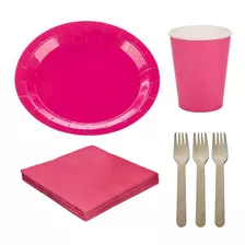 Kit Festa 10 Pratos, Copos, Guardanapos, Garfos - Rosa Pink