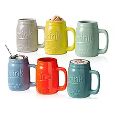 Mason Jar Mugs - Juego De 6-15 Oz - Cerámica, Colores Vibran