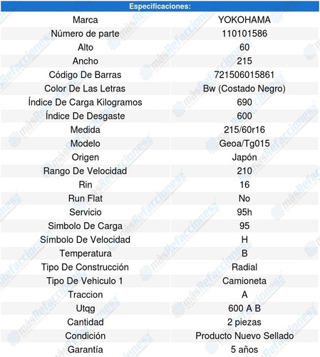 2 Llantas 215/60r16 95h Yokohama Geoa/tg015 Foto 6