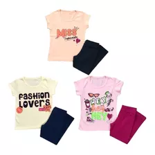 Kit 3 Conjunto Infantil Tam 1-14 Calça E Blusa Para Meninas