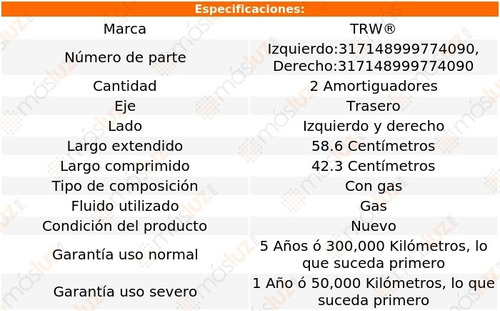 2- Amortiguadores Gas Traseros C280 2008/2009 Trw Foto 2