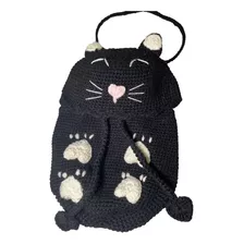 Bolsa Mochila Kawaii Diseño Gato Tejida A Crochet Acabado De Los Herrajes Tejido Color Negro Correa De Hombro Negro Diseño De La Tela Tejido