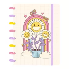 Caderno Disco Iscool Inteligente A5 Retro Colorido Flores Cor Bege