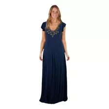 Vestido Largo Cairo Azul Marino Lycra Manguitas Bordado Mari