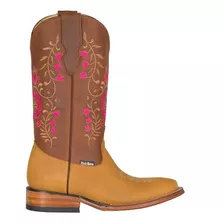 Bota Vaquera De Mujer Horma Bulldog 100% Piel Bordado Flores