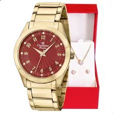 Relógio Champion Feminino Dourado Rosa + Colar E Brincos