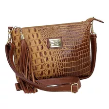 Bolsa Transversal Oliver Mour 1019 Design Croco De Couro De Crocodilo Candy Com Alça De Ombro Marrom E Ferragens Metal