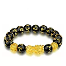 Pulsera Original Feng Shui Piedras Obsidiana Pixiu Oro