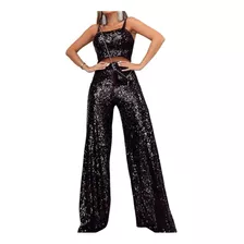 Calça Flare De Festa Em Paetê Brilho Com Cropped Bojo #cj74