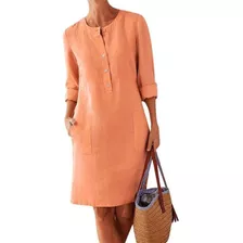 Vestido Casual Mujer De Algodón Y Lino Suelto Botón Midi