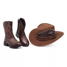 Kit Bota Texana + Chapéu Feminina Masculina Couro Legitimo 