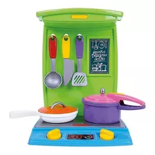 Fogão Brinquedo + Panelinhas Conjunto Master Poliplac Cor Azul/ Verde/ Roxo/ Rosa/ Amarelo