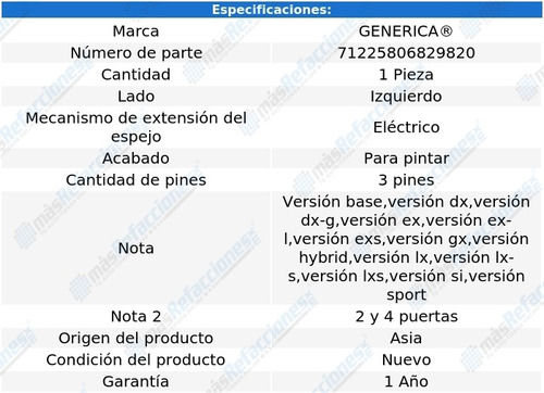 Espejo Izq Elect P/pintar 3 Pines Honda Civic 06-11 Generica Foto 2