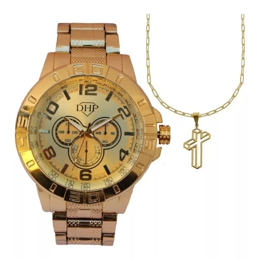 Relógio Masculino Dourado Barato Grande Original + Corrente 