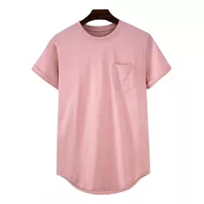 Camiseta De Hombre Rosa Corte Curvo Con Bolsillo Delantero