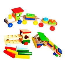 Kit 3 Brinquedos Pedagógico Trenzinho - Carreta - Caminhão