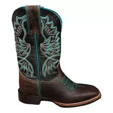 Bota Texana Feminina Couro Legitimo Cano Preto Bordado Verde