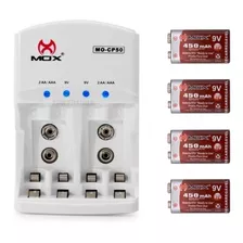 Carregador Com 4 Baterias Recarregaveis 9v 450 Mah Auto Stop