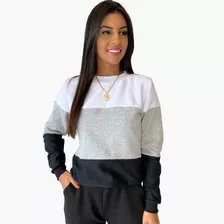 Conjunto Moletom Feminino Flanelado Branco - Cinza- Preto