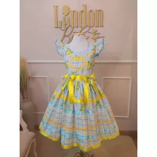 Vestido Infantil Junino Caipira Azul E Amarelo