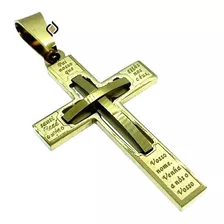 Crucifixo Dourado Com Pai Nosso Aço Inoxidável 