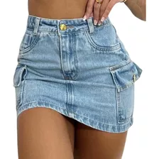 Mini Saia Jeans Cargo Feminina Qualidade Alta Tendência