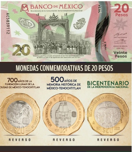 4 Nuevas 20 Pesos Independencia Tenochtitlan Sin Circular!
