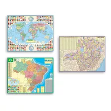 Kit 3 Mapas Brasil + Mundi + Minas Gerais 120x90cm