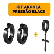 Kit Brinco Argola Pressão Preto Cruz Magnético Ímã Aço Inox